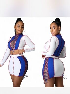 Blue and White Lace-Up Bodycon Skirt by
